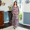 Etniska kläder maxi klänning blommor tryckt lös elastisk mode abaya islamiska kläder muslimska kvinnliga saudiarabien dubai kaftan lång sommar