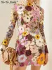 Vestidos casuales básicos bordado floral elegante lujo mujeres mini vestido medio cuello alto vestidos de manga larga primavera fiesta de noche dama vestido 231101