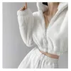 Kvinnorjackor Deeptown White Croped Fleece Jacket Women Korean Fashion Streetwear Warm Winter Short Fluffy Coats Long Sleeve Y2k