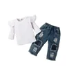 2 peças roupas infantis de cor sólida para meninas manga voadora camiseta gola redonda com jeans rasgados com bolsos