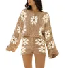 Work Dresses 2Pcs Set Women Fall Outfits Y2K Long Sleeve Off Shoulder Floral Knit Tops Zip Up Shorts 2Piece Streetwear