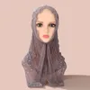 Ethnic Clothing Muslim Hijab Solid Color Lace Mesh Rhinestone Arab Women Beaded Soft And Easy To Wear Up Head Wrap Scarf Shawl Pullover Hat