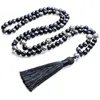 Hänghalsband 8mm snöflake obsidian frostad svart agat pärlast japamala halsband meditation yoga smycken legering ihålig boll 108 mala ros