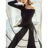 YIGELILA Spring Fashion Women Black Dress Slash-neck Long Sleeves Elegant A-line Dress Dinner Party Dress Mid-calf 65241