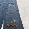 الجينز للسيدات JNCO الرجعية الهيب هوب نمط الأزرق كبير الجيب فضفاض هاراجوكو غير قوطي عريض الساق سراويل التزلج