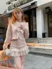 Arbeitskleider Französische Modeanzüge Frauen Rosa Süßes Mädchen Bogen Langarm Grat Kurzmantel Hohe Taille Rock Zweiteilige Sets J255