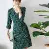 Casual Dresses Green Wave Printed Silk Dress Is Wrapped In The Spring And Summer Female 7 Minutes Of Sleeve V Neck