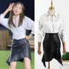Arbetsklänningar kpop koreanska kändis vit sexig långärmad knapp skjorta svart smal hög midja oregelbundna pu läder kjolar kvinnor två stycken uppsättning