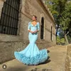 Abiti casual Flamenco Maxi volant Abiti da ballo Eleganti abiti lunghi da ballo Maniche a sirena azzurro cielo Abiti da festa a strati