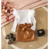 Herbst Kinder Kleidung Set Für Mädchen Zwei Stück Kleid Nette Baby Kleidung Feder Stricken Langarm Pullover Top Und PU Leder Mini Rock