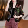 Kvinnorjackor 2023 Summer Chiffon Lace Print Jacket Kvinnor Lång ärm Löst Bomber Lady Topps Kvinnliga svarta kläder