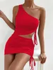Stedelijke sexy jurken Een schouder off-mini-jurk Backless uitgehold Dames Bodycon geplooid trekkoord Tweedelige set zomer