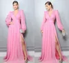 Sexig V Neck Pink Blush Long Evening Dress 2024 A-Line Long Sleepes Cut Out Chiffon Formal Party Prom Gowns Celebrity Wear Custom Size Robe de Soiree