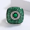 Anneaux de mariage dominant Version large émail vert pour les femmes couleur argent étincelant Zircon fête Cocktail doigt bijoux