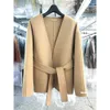 Women's Wool Blends Winter Autumn Elegant Loose With Belt Wool Coats Women Korean Style Fashion Casual Long Sleeve V-Neck Camel Ladies Jackets 231102