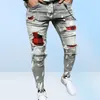 Homens cor pura grade jeans cinza retalhos designer hip hop calças fino ajuste elástico estilo hiphop lápis 2204088989106