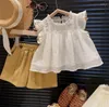 Clothing Sets Retail 2023 Baby Girls Korea Fashion Cotton White Blouse Yellow Shorts Princess Sweet Suits 2-7T