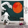 Tapisseries Tapisserie japonaise Tenture murale Art Décor Grande vague Kanagawa Original Rouge Soleil Fond vert pour salon chambre