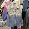 Women's Vests Heavy Work Diamonds Beading Pocket Tie Dye Contrast Color Denim Vest Women Loose Cowboy Waistcoat Sleeveless Jeans Jacket