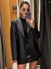 女性用女性用ビンテージブラックジャケットルーズラペルvネック長袖PUブレザーコート2023秋のシックオフィスレディストリートウェア