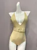 女性用水着シネス夏のファッション胸の引き抜きホルターセクシーなビキニセットソリッドカラーメタルバックルデコレーションスイムスーツ2023
