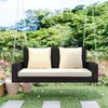 Camp Furniture 2-Person Wicker Hanging Porch Swing With Chains Cushion Pillow Rattan Bench For Outdoor Garden Backyard Pond