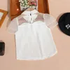 Kids shirts mode chiffon blouse voor kinderen meisjes zomer kinderen witte korte mouw shirts tiener turndown kraag kant basic t -shirts 230331