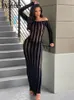 Casual Jurken Nibber Gestreepte Maxi Jurk Vrouwen Herfst Sexy Zien Door Lange Mouwen Backless Gewaad Elegante Vrouwelijke Party Streetwear Kleding