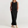 Women's Two Piece Pants 2023 Summer Cotton Linen Suit Black Sleeveless Ruffles Top Long Suits Female Casual Loose Elegant Lady Clothes