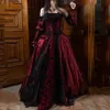 2023 Vintage Medieval Gothic Wedding Dress A-Line Off The Shoulder Long Sleeves Black Lace Applique Burgundy Satin Bridal Gown Floor Length Vestido De Novia