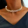 Cadena de eslabones cubanos de Miami de 12mm, gargantilla de Color dorado y plateado para mujer, collar de diamantes de imitación de cristal con diamantes, joyería de Hip hop 174U