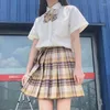 Clothing Sets JK Women 2023 Summer High Waist Pleated Skirts And Shirt Tie Korean Style For Girls Cute Sweet Plaid Mini Skirt