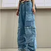 Nieuwe Damesjeans Multi-Pocket Blauw Gewassen Cargobroek Retro High Street Fashion Hoge Taille Jeans Paar Harajuku Eenvoudig Casual Wijde Pijpen Broek