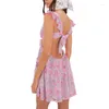 Casual Dresses Y2K Dress for Women Fairycore Grunge Floral Print ärmlös rand ruffle pleated mini 2000s sundress strandparty kläder