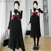 Moderskapsklänningar Autumn Winter Fashion Maternity Dress Elegant A Line Bow Vest Pleated Long Dress Set Clothes For Two Piece Set Pregnant Women Q231102