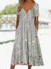 Vestido feminino de verão, casual, floral, botão, gola redonda, comprimento médio, reto