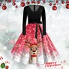 Casual Kleider Frauen Weihnachten Party Kleid Welle V-ausschnitt Cartoon Elch Gedruckt Schwarz Blau Patchwork Pinup Vintage Kostüme Robe