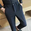 Мужские костюмы, зимние толстые брюки в корейском стиле с эластичной резинкой на талии, деловые повседневные офисные облегающие теплые брюки черного цвета, цвета хаки