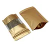 Sacs de rangement 100 Pcs/Lot papier d'aluminium gaufré or sac debout avec fenêtre givrée auto-scellant déchirure encoche Doypack nourriture café Pack