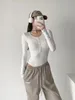 2023 neue Casual Mode frauen Body Tops Lange ärmeln Schnalle-up O-Kragen Solide Pullover Bodysuit Overall top