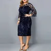 Élégant Sequin À Manches Longues Plus La Taille Femmes Robe Midi Sexy Casual Robes De Soirée De Mariage De Luxe Femmes Robe Rouge Robe