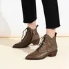 Stiefel Aus Echtem Leder Retro Reife Frauen Stiefeletten Spitz Spitze-Up Dicke Heels Schuhe Frau Herbst Winter Büro Boot Schuh 231102