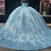 Abiti Quinceanera di lusso blu cielo lucido 2024 Perline di applique in pizzo Sweethear Princess Sweet 15 16 Year Birthday Party Gown Gift