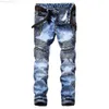 Jeans pour hommes nouveaux Jeans pour hommes Slim Tube droit pli fermeture éclair moto trou de neige bleu Jeans vraie marque