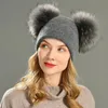 Beanie/Skull Caps Dubbele Echt Bont Pom Hat Dames Winter Caps Gebreide Wollen Mutsen Skullies Mutsen Meisjes Dames Natuurlijk Twee Bont PomPom Beanie Hat 231102