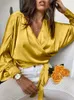 Damesblouses Overhemden Celmia Dames Satijnen Blouses Mode Elegant Lange Vleermuismouwen Zomer Gekruiste V-hals Bandage Getailleerde Haut Style Wrap Tops 230331