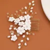 Hair Clips Ceramic Flower Comb Pearl Headpiece Crystal Jewelry Pure White Accessories Wedding Bijoux Rhinestone Headdresses Decor