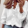 여성용 블라우스 셔츠 여자 상판과 블라우스 우아한 긴 슬리브 흰색 OL 셔츠 여성 단색 화학 Femme Blusa Feminina Streetwear 230331
