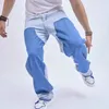 Herren Jeans 2023 Kontrastfarbe gepatcht gerade hohe weite Hosen männliche Denim-Hosen