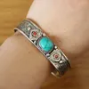 Bangle BR488 Ethnic Tibetan Silver Inlaid Turquoises Stone Filigree 14mm Open Back Women